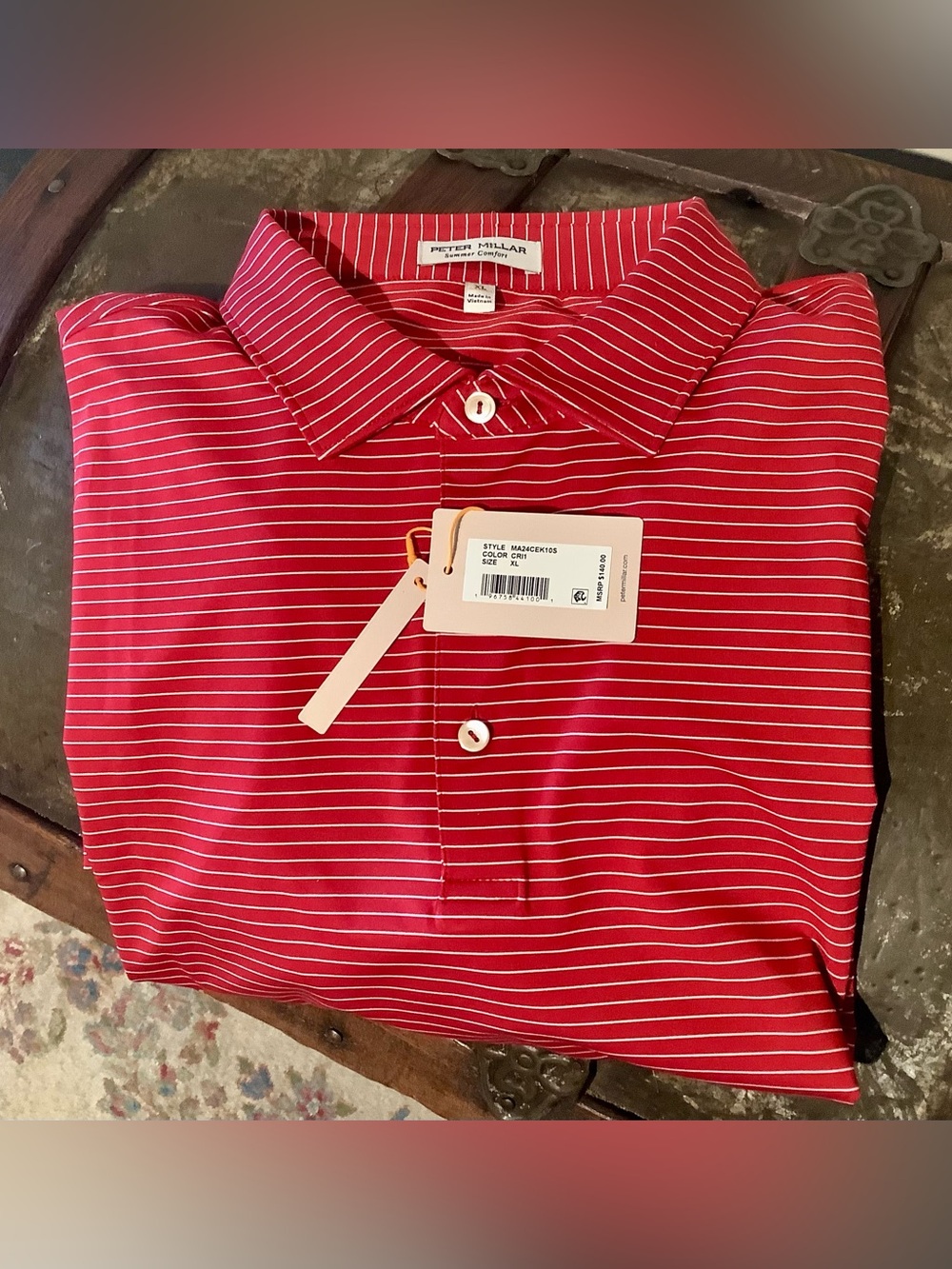 Peter Millar Summer Comfort Golf Red Polo with White Pinstripes - NWT